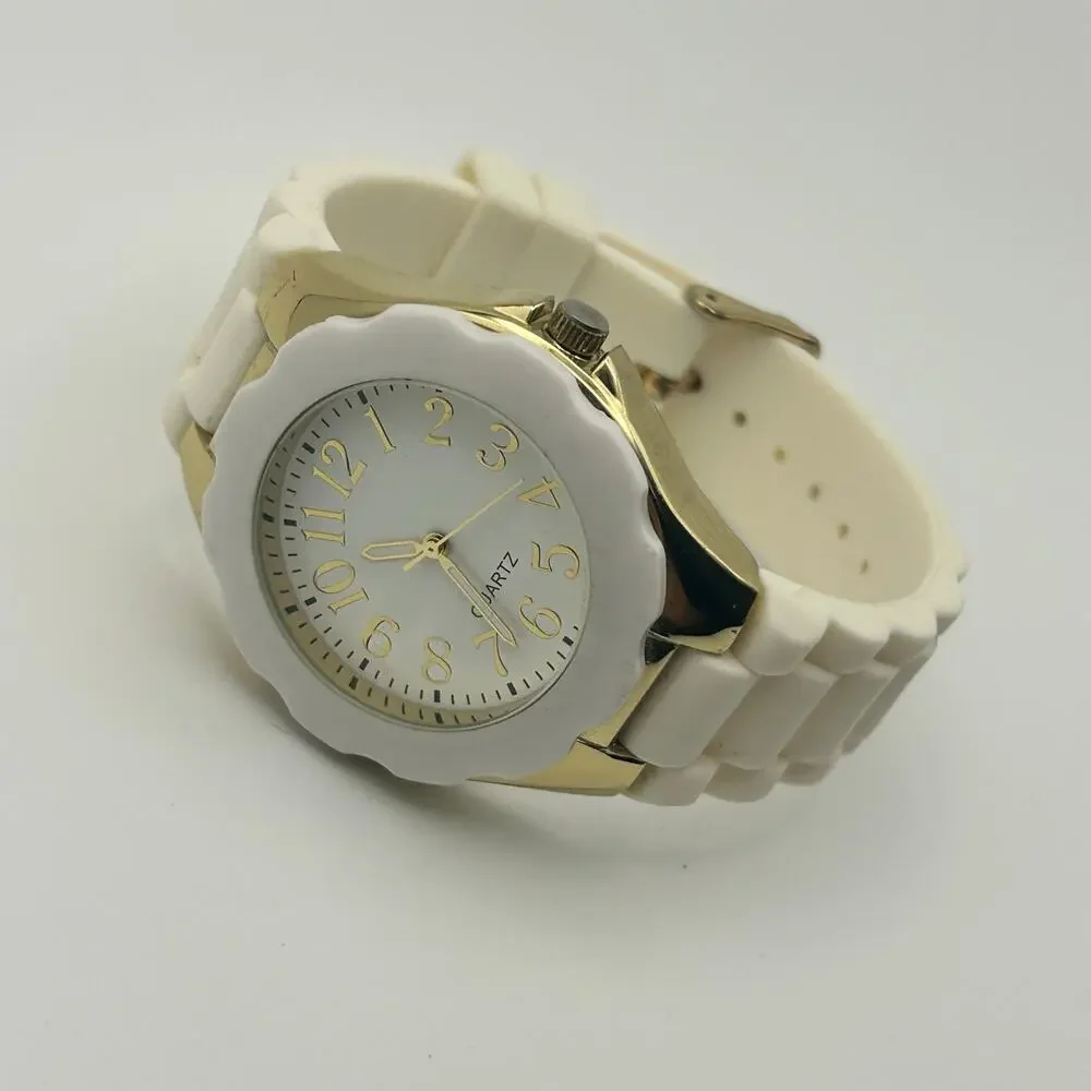 Ladies White Quartz Watch Gold Tone Bezel White Rubber Strap Analog Watch